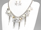 Metal Shell Starfish Fringe Statement Necklace - Rhodium