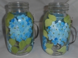 Hand painted blue hydrangea handled mason quart jars. set/2 