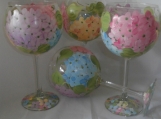 Hand painted pink,blue, yellow & purple hydrangea goblets s/4