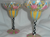 Hand painted checked floral striped margarita .  . set of 4  