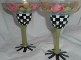 Hand painted checks rose striped margarita. set of 4   