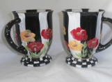 Hand painted red and orange poppies &stripes on 2 coffee mug set