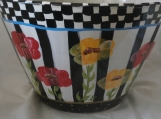 Hand painted poppies on checks and stripes w/gold serving bowl