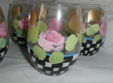 Hand painted pink rose checkerboard stemless wine set/4 usa/gold