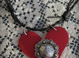 Necklace, Black-Barbed wire leather with Red Heart pendant