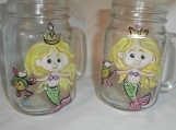 Hand painted cute princess mermaid and her fish pint mason mugs