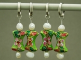 Green Bow Tie Cloisonne Stitch Markers with Freshwater Pearl - Set of 4