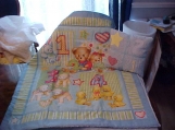 Blue Jean Teddy Bear /with Chenille Quilt and Pillow Set