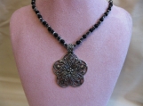 Flower Pendant Black and Silver Necklace