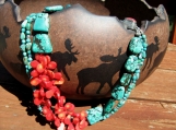Turquoise and Coral with Swavorski Crystals and Black Onyx beads. Matching Earrings!