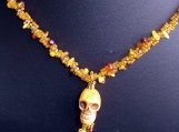 Bone Skull Pendant with Amber Chip Bead Rope