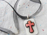 Dichroic and Sterling Silver Cross Pendant and Double Ribbon Necklace