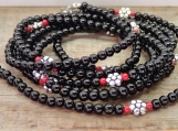 Flower necklace, long boho goth hippi black red gemstone gift