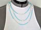 Long blue necklace with pearls, aqua long glass beaded necklace