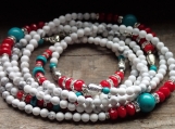 Long boho white turquoise and red coral gemstone beaded necklace