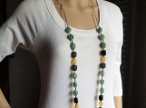 Long chunky gemstone woman necklace, green black yellow necklace