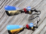 Long opalite dangle pale blue and red earrings 