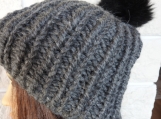 Women's Dark Grey Hat With A Black Pom Pom - Free Shipping