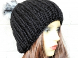 Women's Black Hat With Multicoloured Pom Pom - Free Shipping