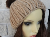 Women's knitted Light Brown Hat And Brown Pom Pom - Free Shippin