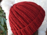 Women's Red Knitted Hat With White Pom Pom -  Free Shipping
