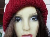 Women's Red Two Style Hat With Cream Pom Pom - Free Shipping