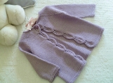 Baby Size 6-9 months ~ Hand Knit Baby Girl Cardigan with Leaf Lace border in Lilac Cotton Cashmere blend Yarn