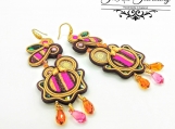 Colorful Statement Chandelier Earrings, Handmade Pink Soutache Swarovski Crystals Earrings Set for Women  Gift for Her