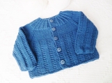 Size 6 mos Baby Textured Cardigan in  Extra Fine Merino Super Wash Wool. Hand knitted. Teal blue for baby boy or baby girl. Baby shower gift