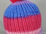 Hand Knitted Women's Striped Winter Hat With Bright Pink Pom Pom