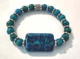 Deep Turquoise Stretch Bracelet with Peacock Feather Center