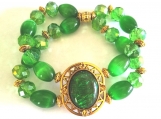 Unique Green Glass Stretch Bracelet & Gold & Green Stone Center