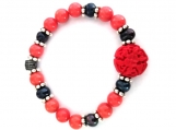 Pearl and Agate Bracelet with Red Carved Resin Flower Center