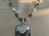 Pmc Sterling silver brown beige agate necklace earring set 22