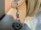 Pmc Silver heart hot pink crystal  earrings 42