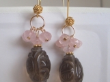 Luck and happiness chinese engraved genuine smokey quartz barrels and rose quartz gold vermeil earrings
