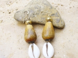 Buffalo Horn Bead and Cowrie Shell Earrings with Gold Filled Textured Beads and Gold Filled French Ear Wires - Beautiful