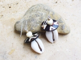Cowrie Shell and Batik Bone Button Bead Earrings - Short Style - Lightweight - Beautiful