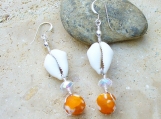 Cowrie Shell Earrings and Powder Glass African Trade Beads - Orange and White - Beautiful