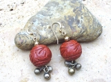 Short Carved Wooden Earrings with Matte Brass Dangles