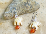 Trunk Up Elephant Carved Bone Beads with Swarovski Crystals Earrings
