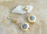 Wooden Coin Shaped Earrings With Fiber Optic Beads and Swarovski Crystal Accents - Unique