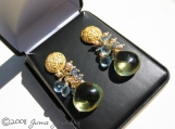 JUMA Jewelry - Fleur Earrings feat. Super Smooth Lemon Topaz Briolettes with clusters of London Blue Topaz, Swiss Blue Topaz, and Tiny Champagne FW Pearls on 24KT gold Vermeil Earrings Post