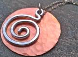 Round copper pendant with aluminum spiral Necklace