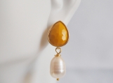  Yellow glass drop and pearl dangle earrings