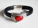  Black Licorice Leather Bracelet- Bangle bracelet with red stone