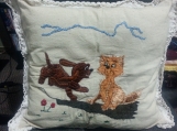 Fox and Hound embroidered pillow with crochet trimming