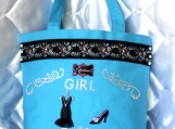 Turquoise Fabulous Girl Tote Bag with a embroidery  ribbon. 