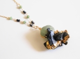 Raw Black Tourmaline With Prehnite Edged in gold Pendant Necklac