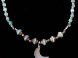 Aqua Turbine Opal Czech Glass Beaded Necklace with Moon Pendant
